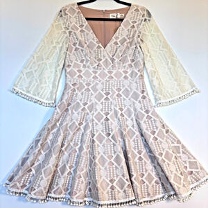 Eliza J Ivory Lace Fit and Flare Dress Size 6 V Neck Pom Trim Wedding Party